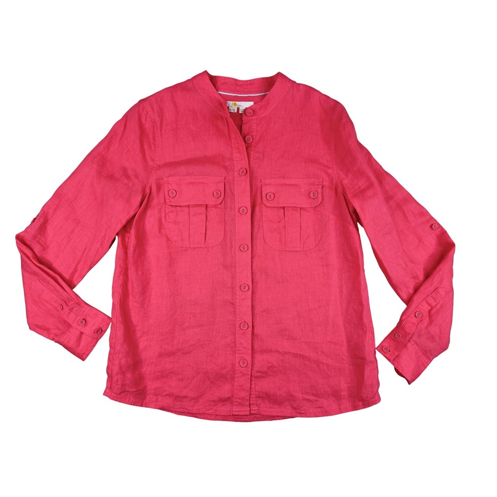 Boden Linen Shirt Women 8 Pink Mandarin Collar Roll Tab Sleeve Preppy Coastal